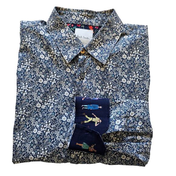 Paul Smith Mens Floral Button Up Dress Shirt Size S Slim Fit Navy Made in Italy - Picture 1 of 7